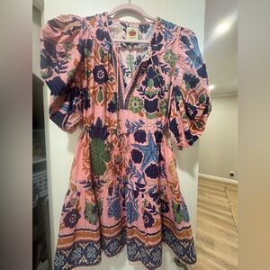 FARM Rio Pink Floral Puff-Sleeve Midi Dress with Green & Navy Accents